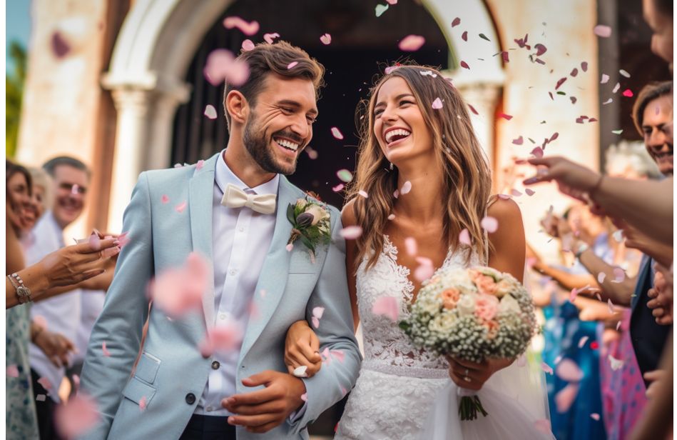 Man and Woman leaving church after marriage ceremony.