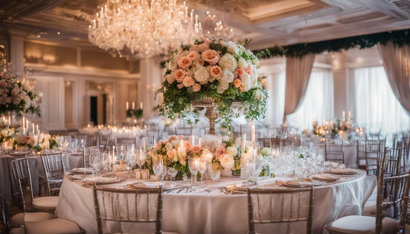 event planner in Stamford, CT showcasing a beautifully set round dining table with bouquet and chandler for a special event