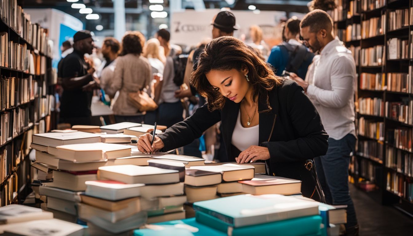 An author signing books at a book festival surrounded by stacks of books.