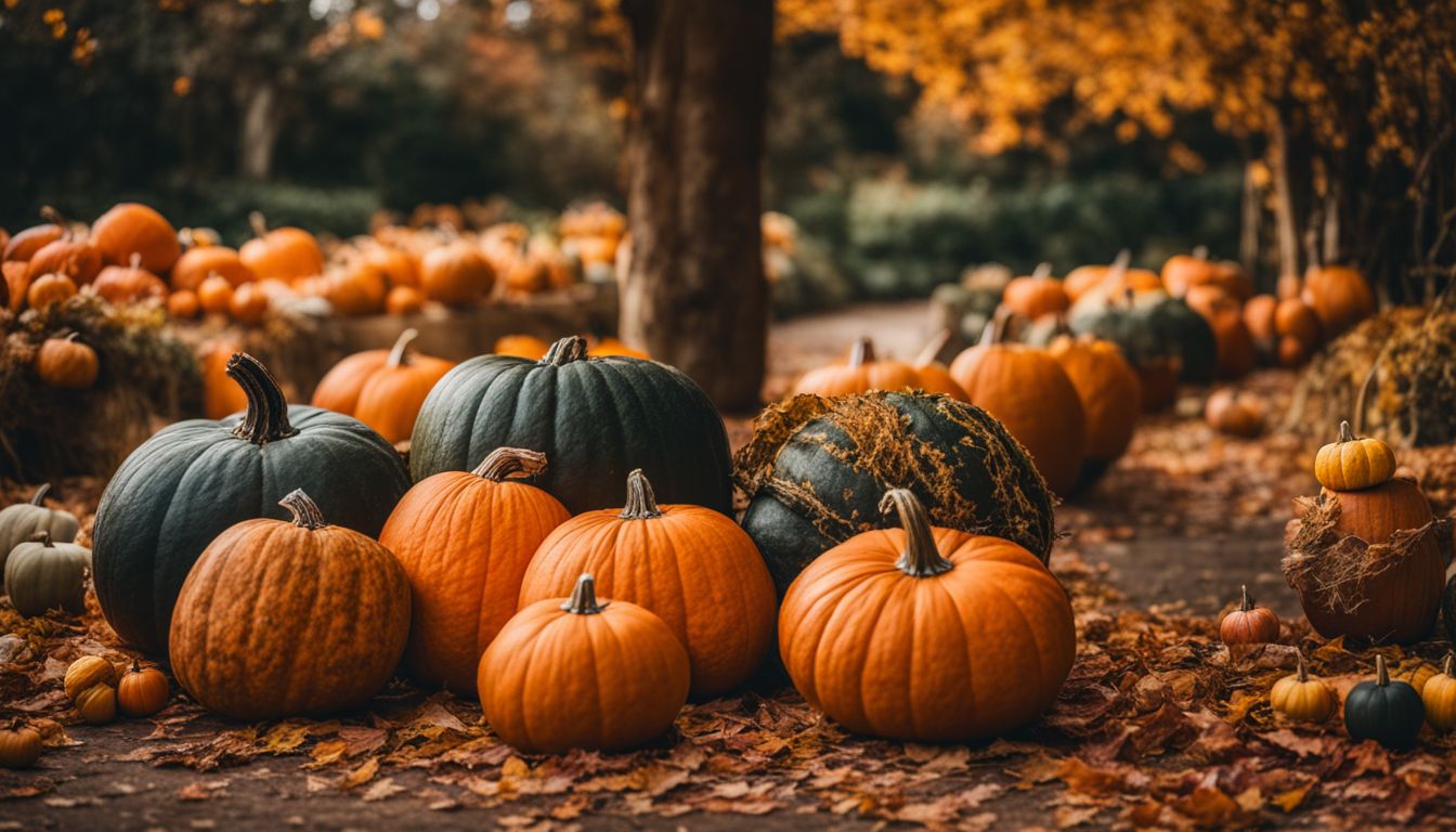 Various pumpkins of different shapes and sizes arranged in an autumn garden.