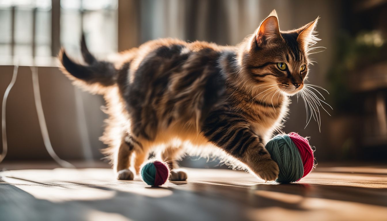 A playful cat chasing a ball of yarn in a room.