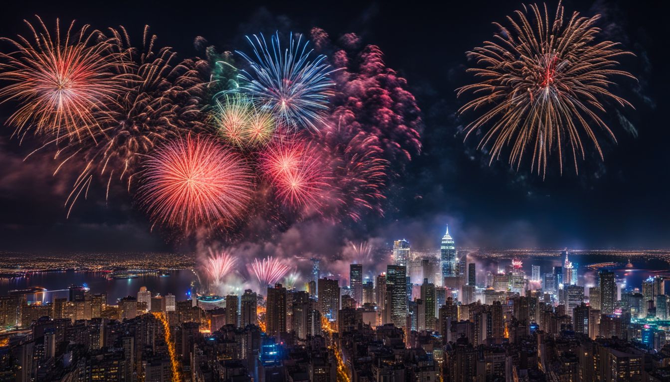 Colorful fireworks light up a crowded cityscape skyline at night.