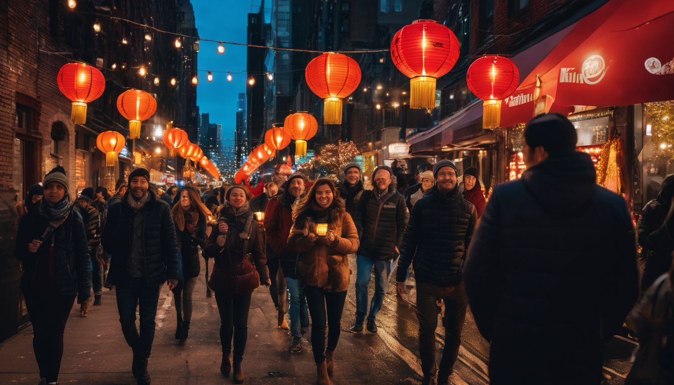 A diverse group of people carrying lanterns through New York City.
