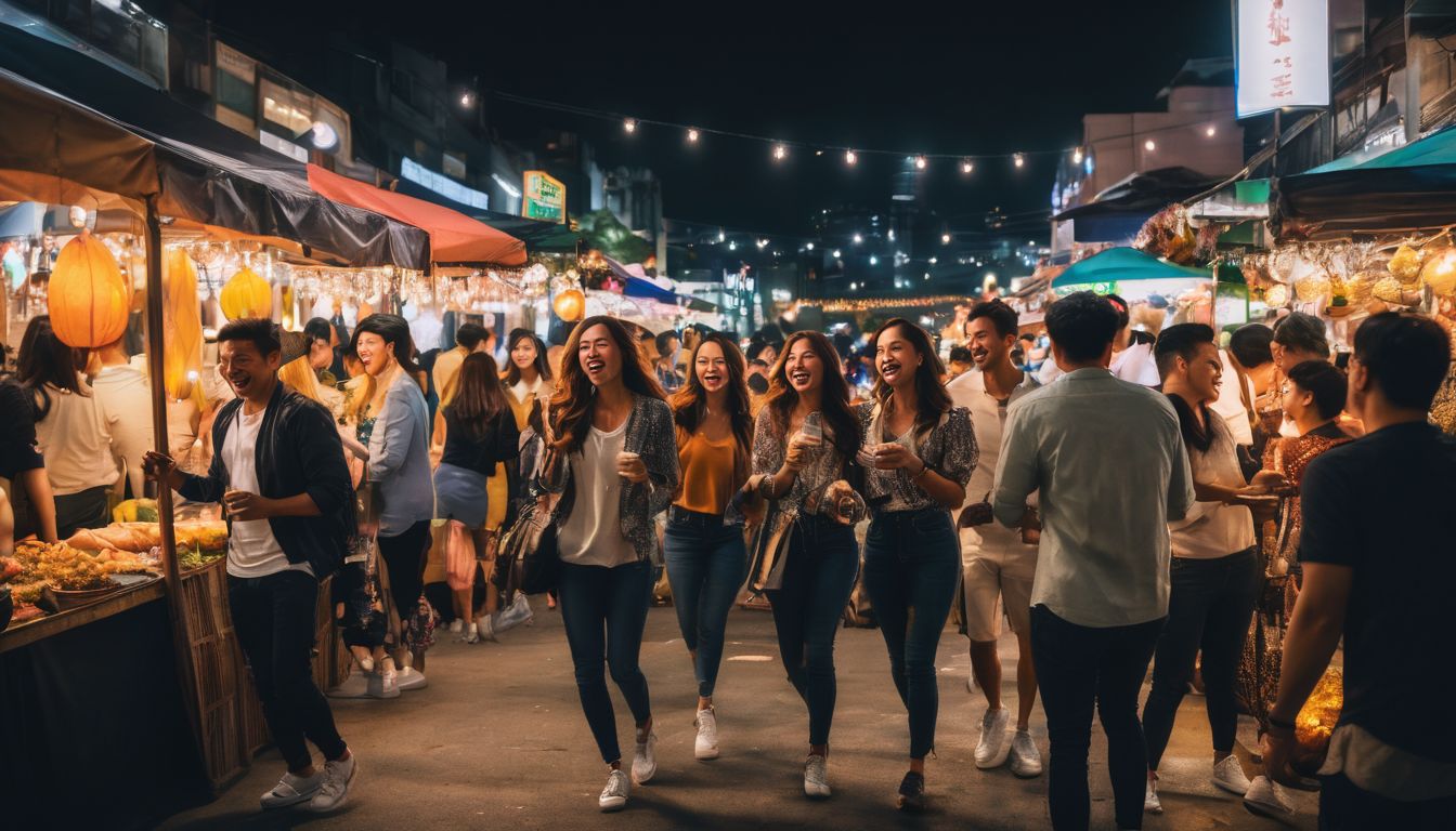 A diverse group of friends having fun at a lively night market.