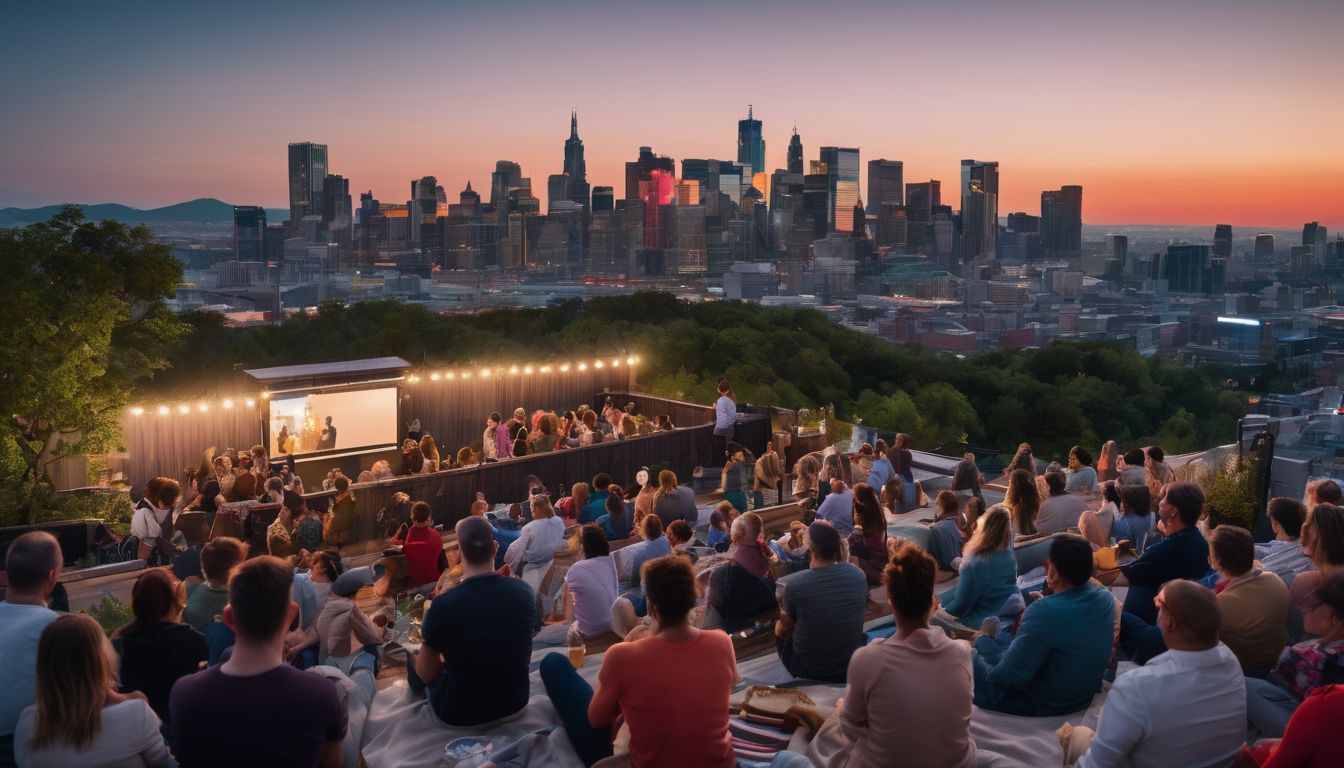 A diverse group of people enjoying a rooftop movie screening.