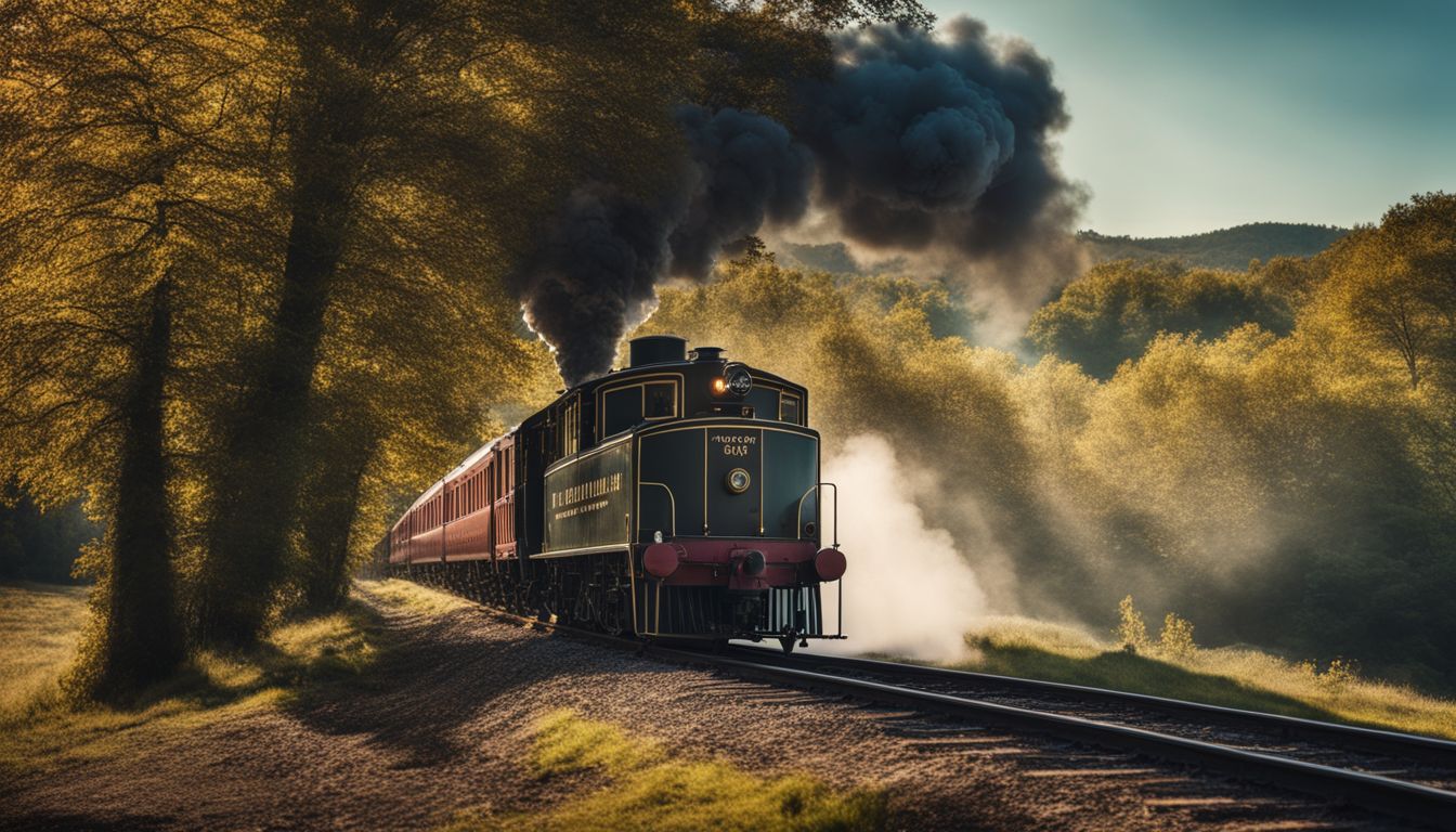 Antique train travels through scenic countryside with diverse passengers.