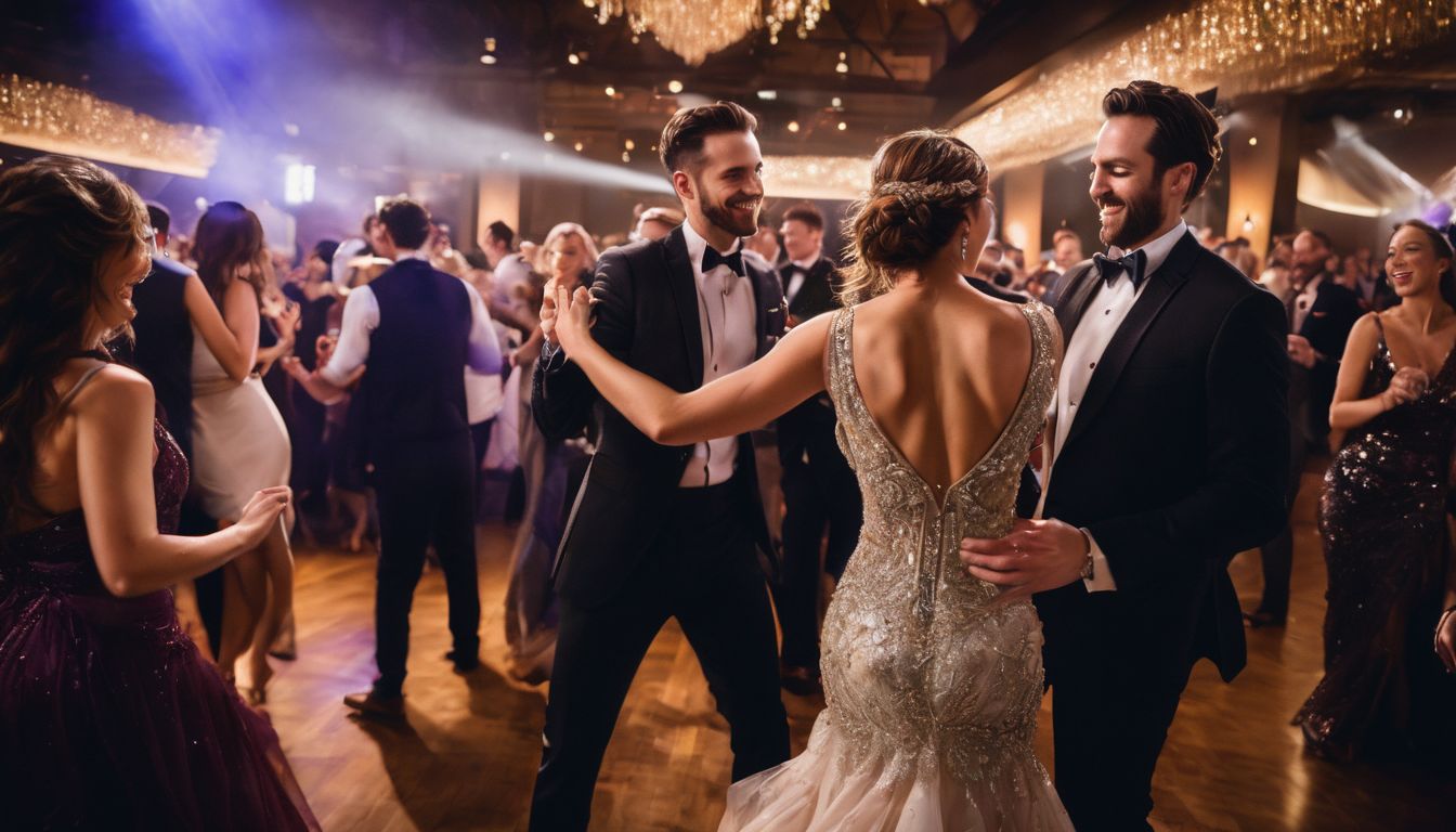 Group of people dancing and celebrating at a glamorous event venue.
