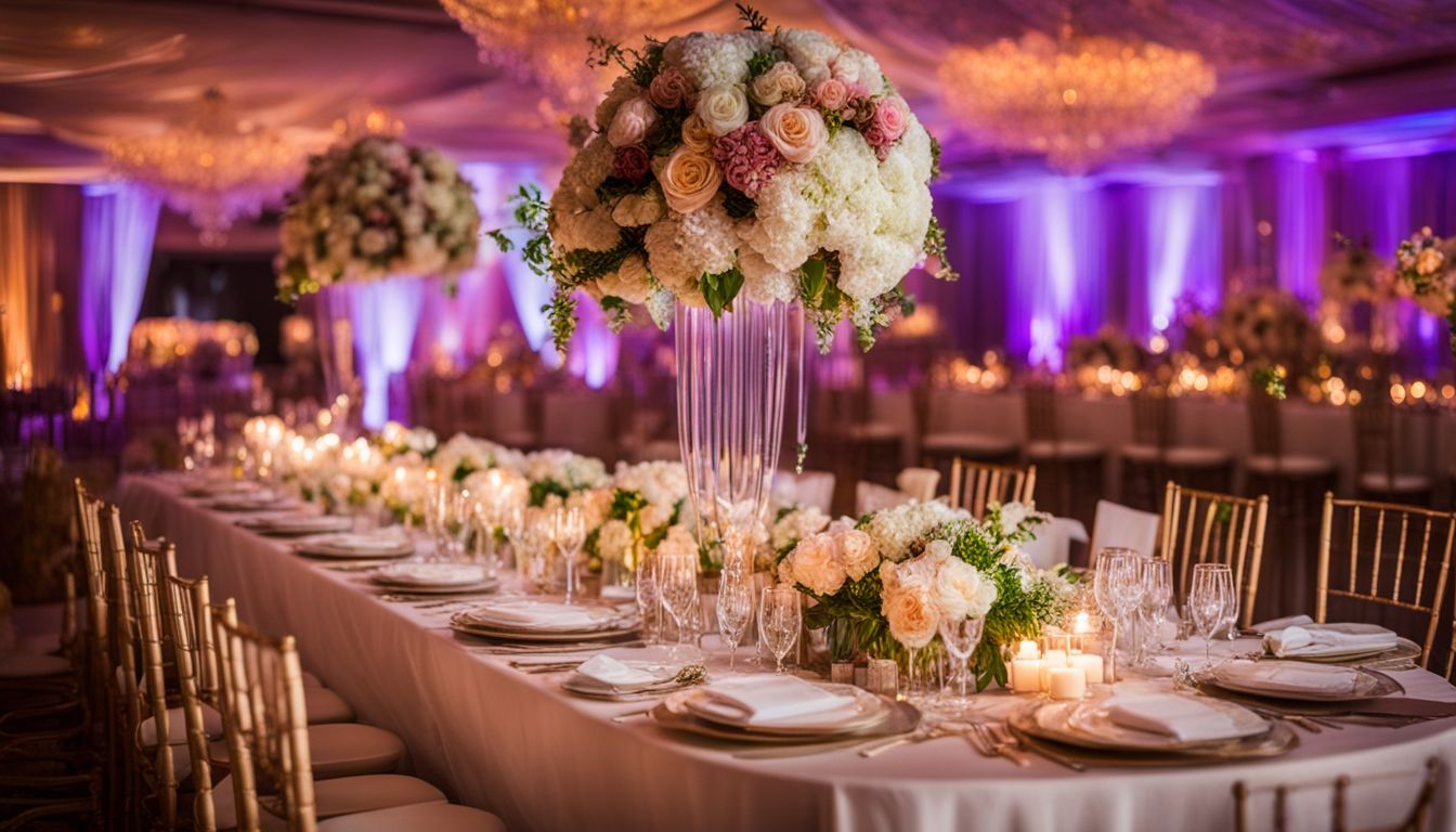 A vibrant wedding reception table with diverse guests and beautiful decor.