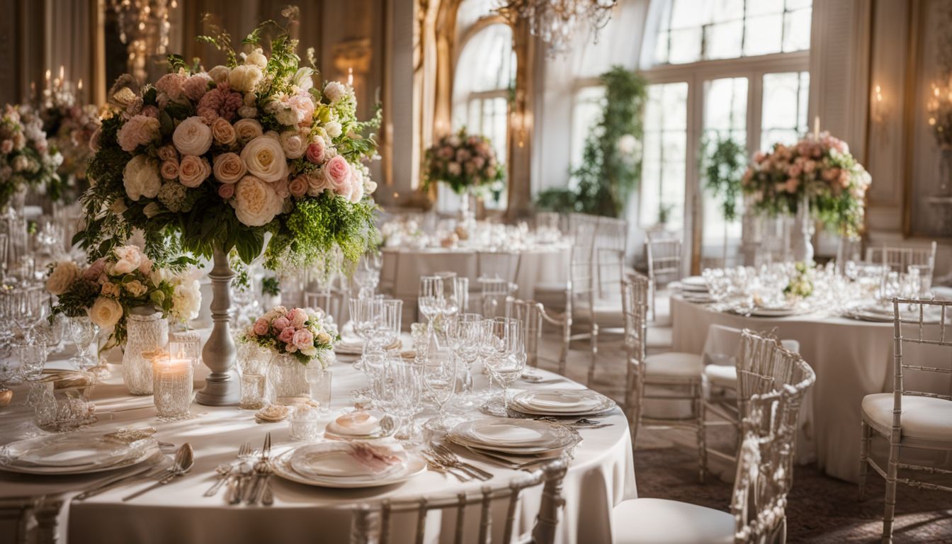 An elegant wedding table with floral arrangements and fine china.