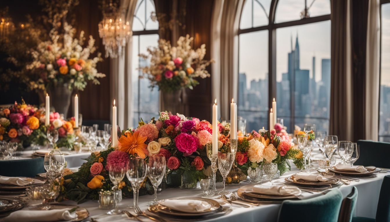 An elegant table setting with vibrant floral arrangements and diverse people.
