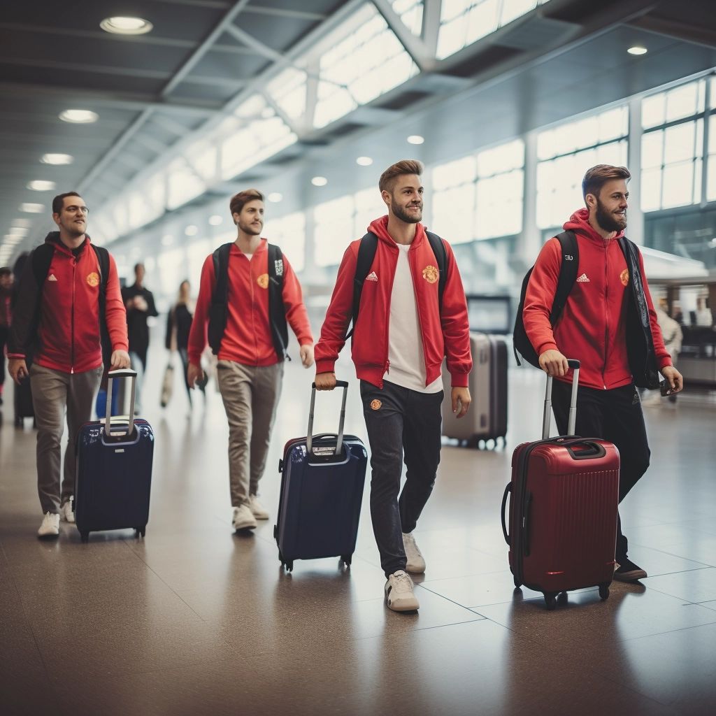 luxury sports team travel at airport terminal