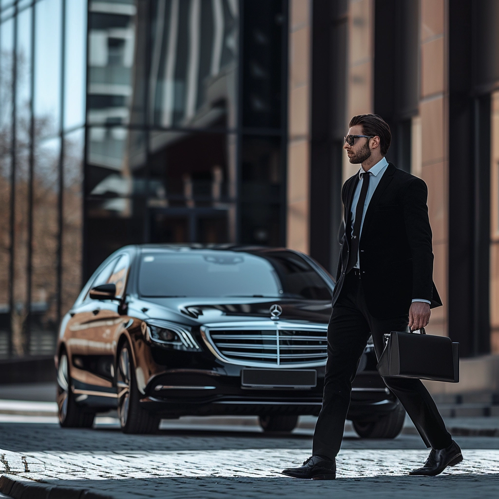 executive wearing a suit, carring a briefcase, walking in front of a limo enjoying corporate limousine services