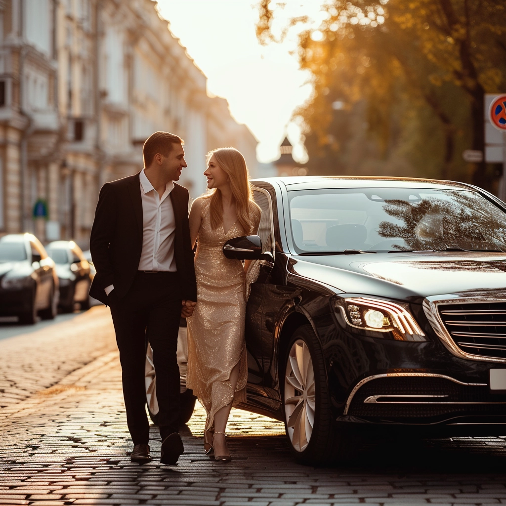 dressed up couple out for the evening walking from a limousine service in Chelsea, NY