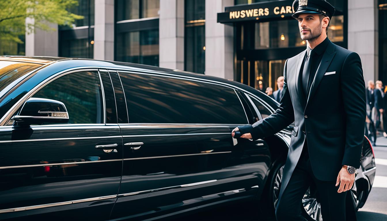 driver in suit opening the door for a luxury limousine service near new york ny