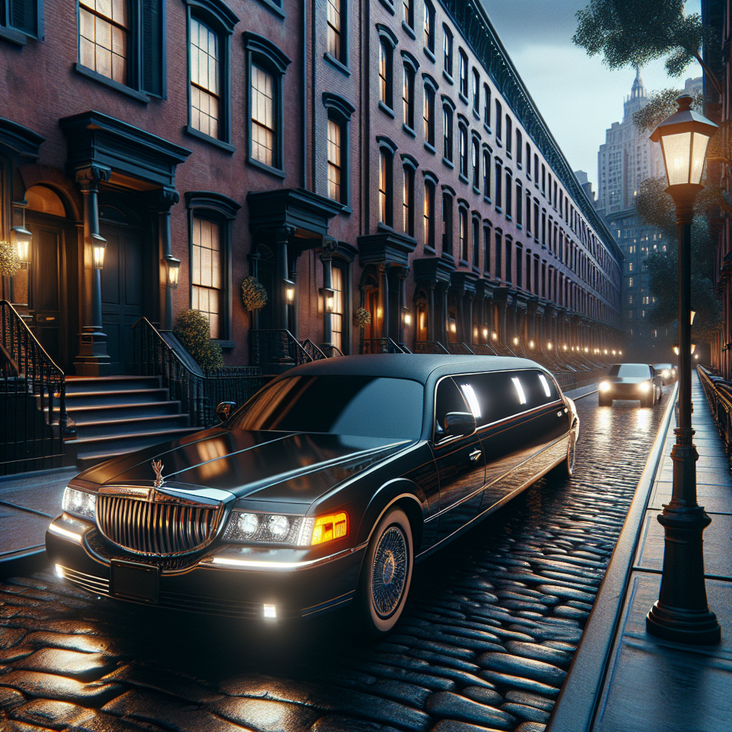 A realistic cinematic horizontal image of a limousine on a cobblestone street in Brooklyn Heights