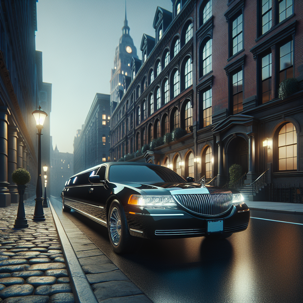 A sleek black limousine waiting at the curbside.